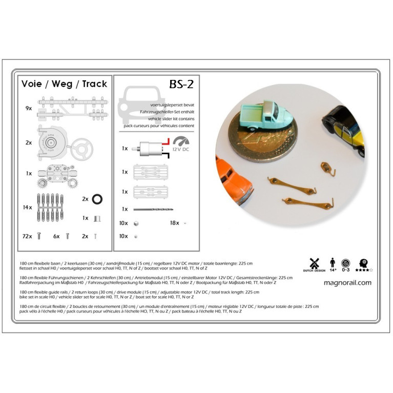 Pack complet Magnorail + 8 curseurs pour véhicules HO, TT, N, Z BS-2