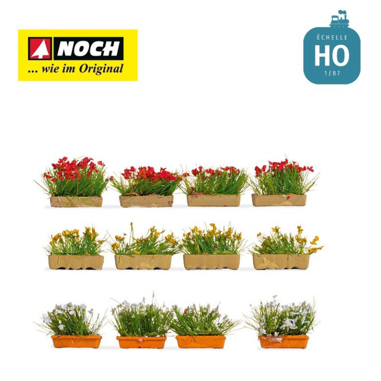 Jardinières fleuries rouges blanches et jaunes (12 pcs) HO Noch 14009 - Maketis