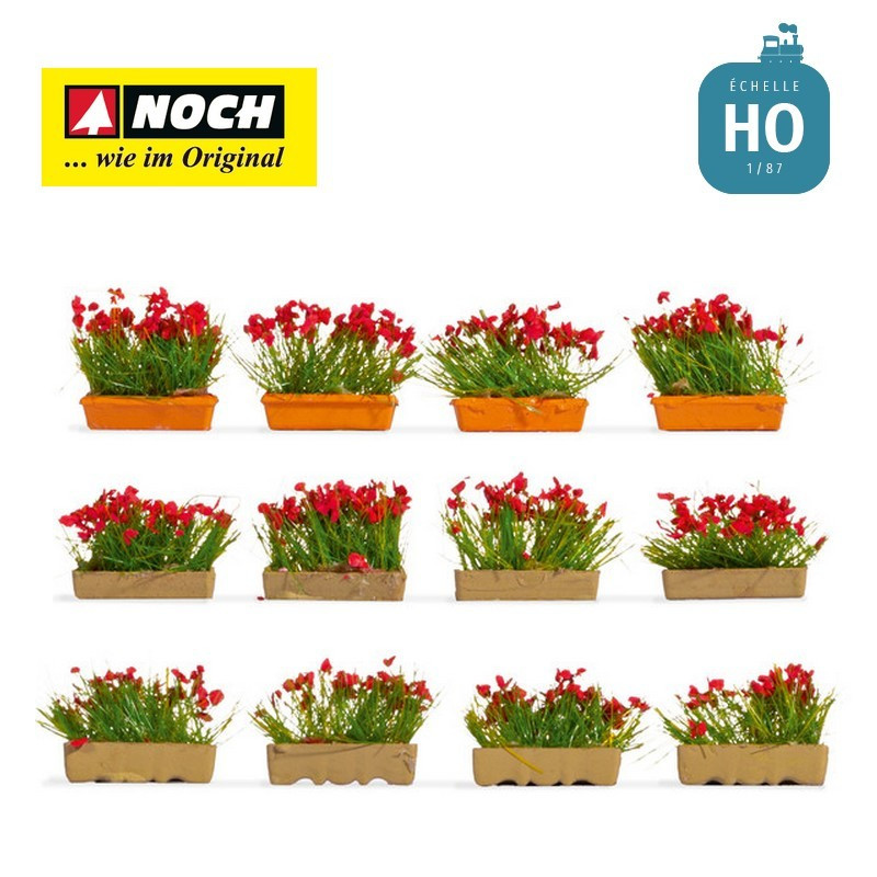 Jardinières fleuries rouges (12 pcs) HO Noch 14010 - Maketis