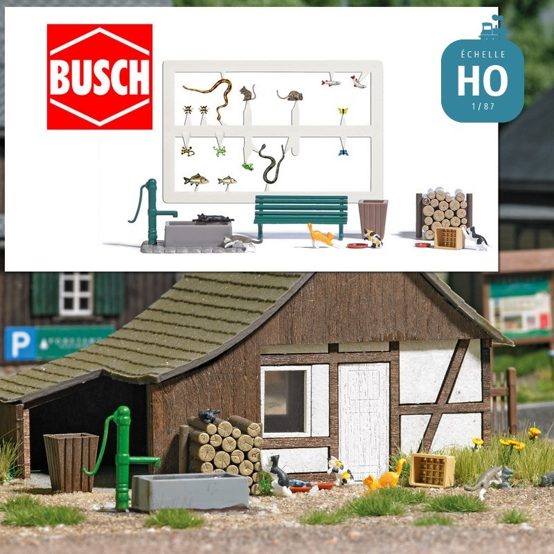 5 Chats et accessoires de jardin de campagne HO Busch 7921 - Maketis