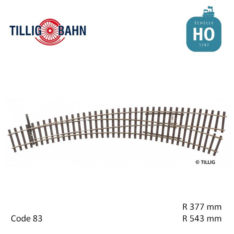 Aiguillage courbe à droite Elite R543/377mm 9° code 83 HO Tillig 85333 - Maketis