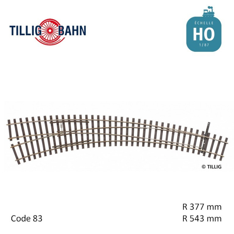 Aiguillage courbe à gauche Elite R543/377mm 9° code 83 HO Tillig 85334 - Maketis