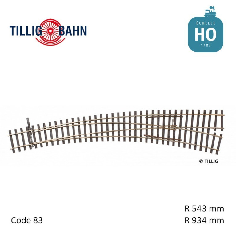 Aiguillage courbe à droite Elite R934/543mm 9° code 83 HO Tillig 85373 - Maketis