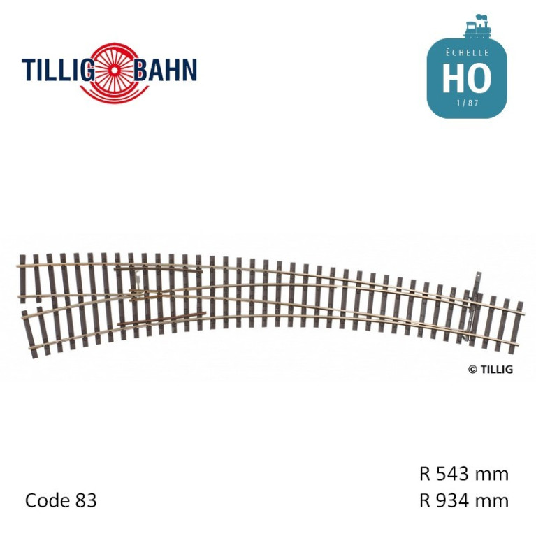 Aiguillage courbe à gauche Elite R934/543mm 9° code 83 HO Tillig 85374 - Maketis