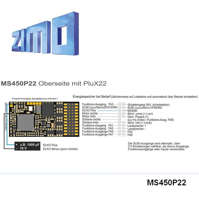 Décodeur sonore Zimo MS450 DCC avec interface Plux22 MS450P22