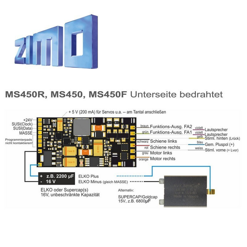 Décodeur sonore 16 bits Zimo MS450 DCC 13 fils de connexion MS450 - Maketis