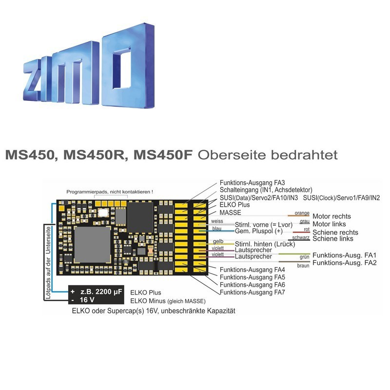 Décodeur sonore 16 bits Zimo MS450 DCC 13 fils de connexion MS450 - Maketis