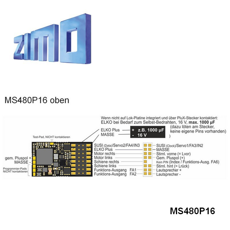 Décodeur sonore 16 bits Zimo MS480 DCC Plux16 MS480P16 - Maketis