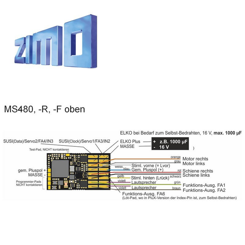 Décodeur sonore 16 bits Zimo MS480 DCC 13 fils de connexion MS480 - Maketis