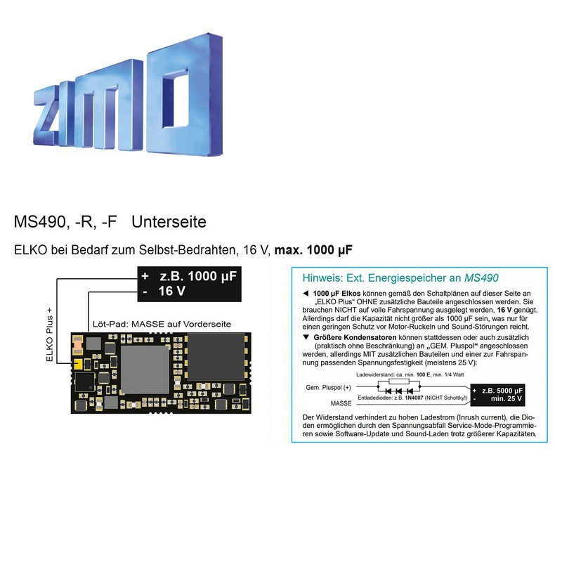 Décodeur miniature sonore 16 bits Zimo MS490 DCC 8 broches NEM652 MS490R - Maketis
