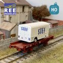 Wagon UFR Mono-Porteur brun UIC avec roues pleines + Remorque Frigo STEF SNCF EP IV HO REE WB-652