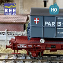 Wagon UFR Mono-Porteur rouge avec roues à rayons + Remorque Fourgon PARIS TURIN SNCF EP III HO REE WB-649