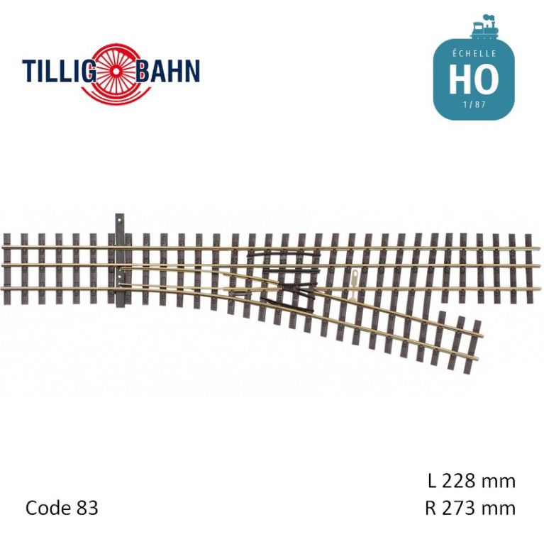 Aiguillage à droite Elite HO/HOe-HOe 15° R273 228 mm Tillig 85191 - Maketis