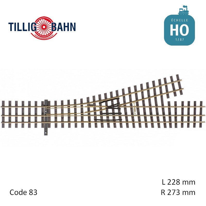 Aiguillage à gauche Elite HO/HOe-HOe 15° R273 228 mm Tillig 85192 - Maketis