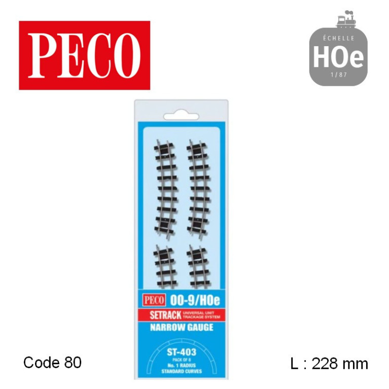 Rail courbe rayon 228 mm 8 pcs H0e Code 80 Peco ST-403 - Maketis