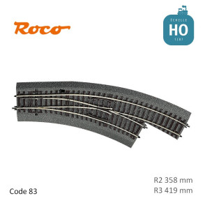 Aiguillage courbe à droite Roco-Line ballastée R2/R3 358/419mm 30° Code 83 HO Roco 42557 - Maketis