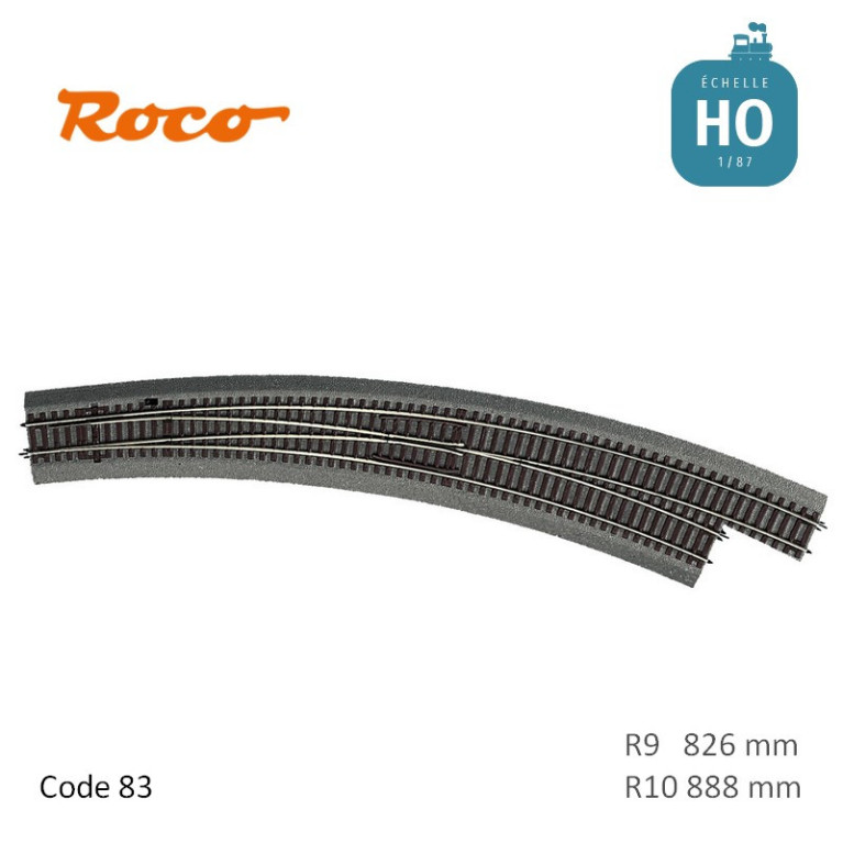 Aiguillage courbe à droite Roco-Line ballastée R9/R10 826/888mm 30° Code 83 HO Roco 42569 - Maketis