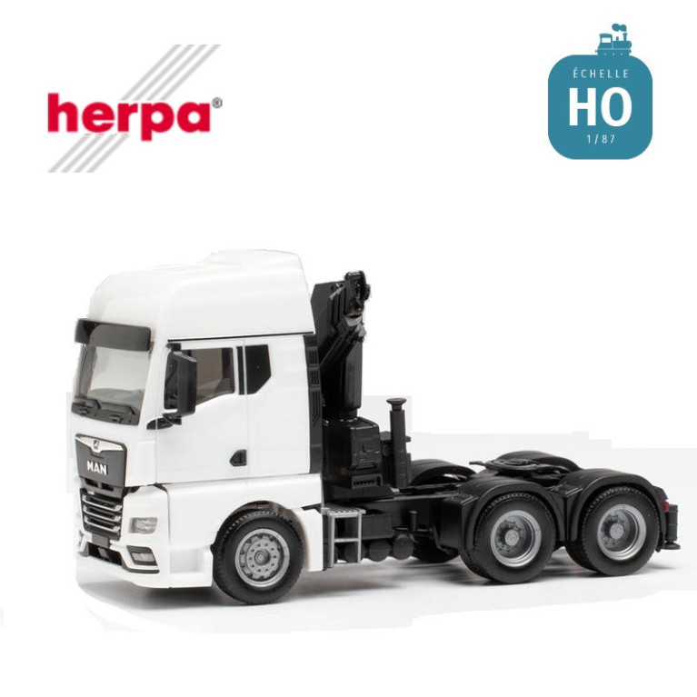 Tracteur Man TGX GX 6x4 avec grue de chargement blanc HO Herpa 313100 - Maketis Tracteur Man TGX GX 6x4 avec grue de chargement blanc HO Herpa 313100 - Maketis