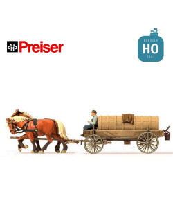 Citerne à lisier en bois avec deux chevaux et un fermier HO Preiser 30414 - Maketis