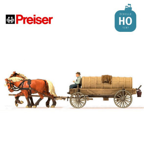 Citerne à lisier en bois avec deux chevaux et un fermier HO Preiser 30414 - Maketis