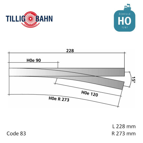 Bifurcation à droite Elite HO-HOe 15° 228 mm Tillig 85181 - Maketis