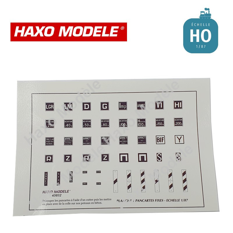 Planche panneaux fixes divers (heurtoir, S, Arrêt, mirliton, etc) HO Haxo Modèle HM45032 - Maketis