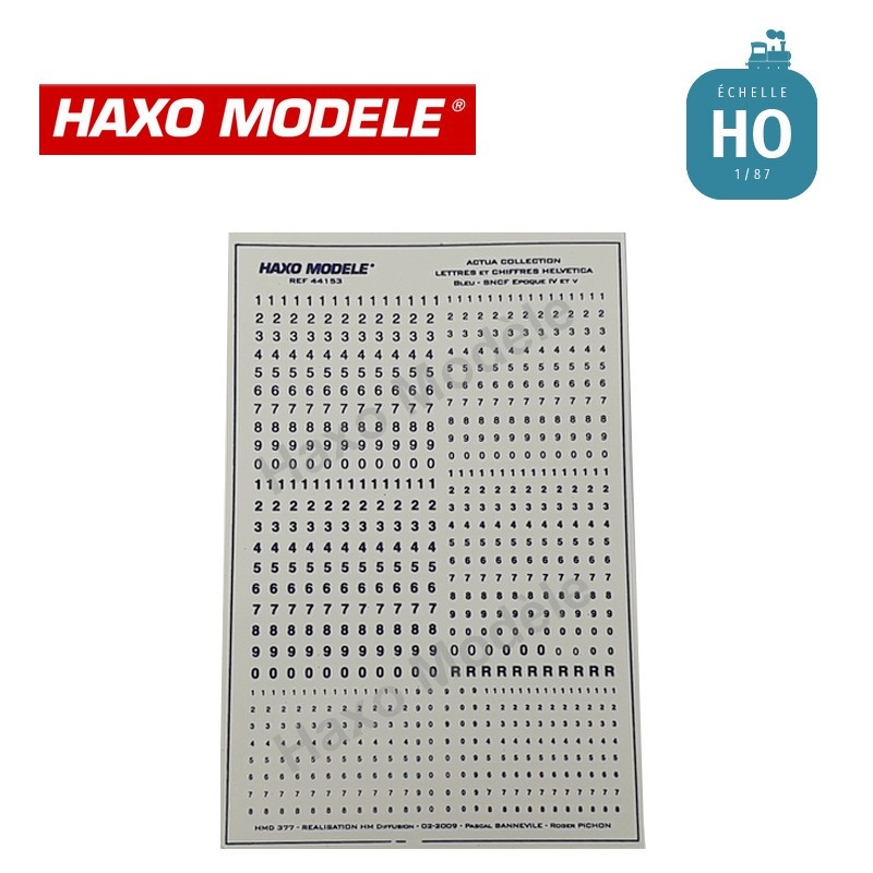 Planche marquages Helvetica 3 tailles Ep IV et V bleu HO Haxo Modèle HM44153  - Maketis