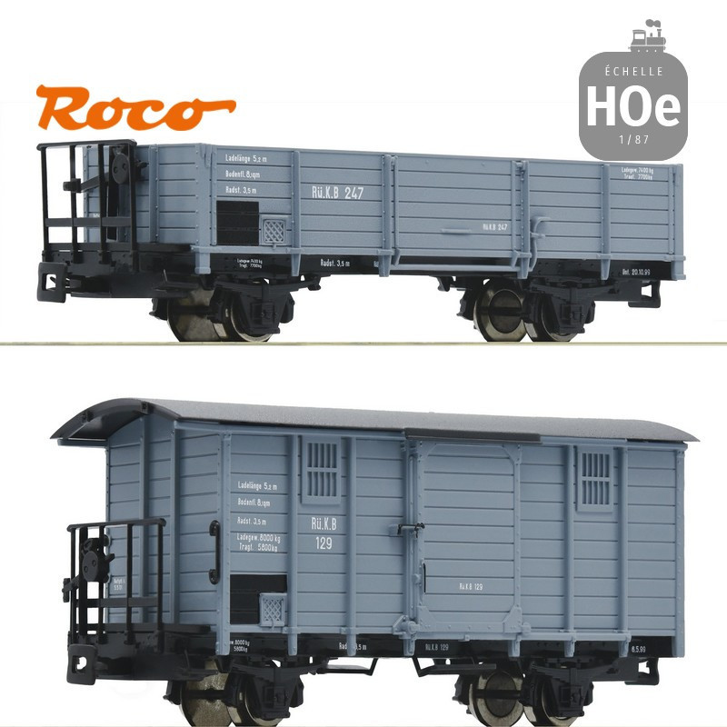 Set 2 wagons tombereau pour voie étroite HOe Roco 34499