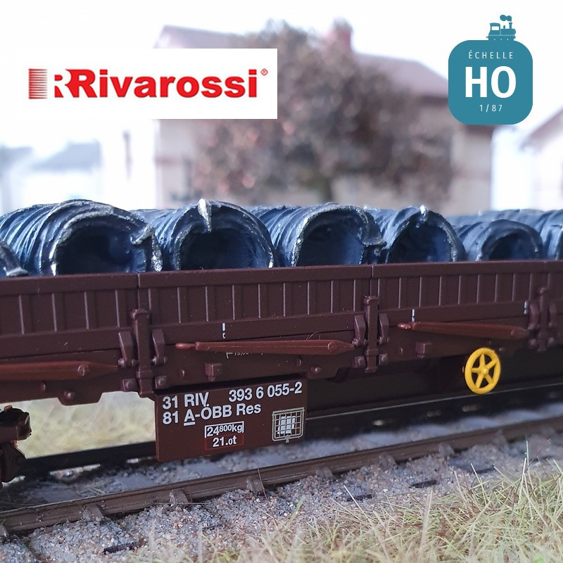 Coffret 2 wagons plats à bogies Res OBB chargement de bobines de fil Ep V-VI HO Rivarossi HR6484 - Maketis