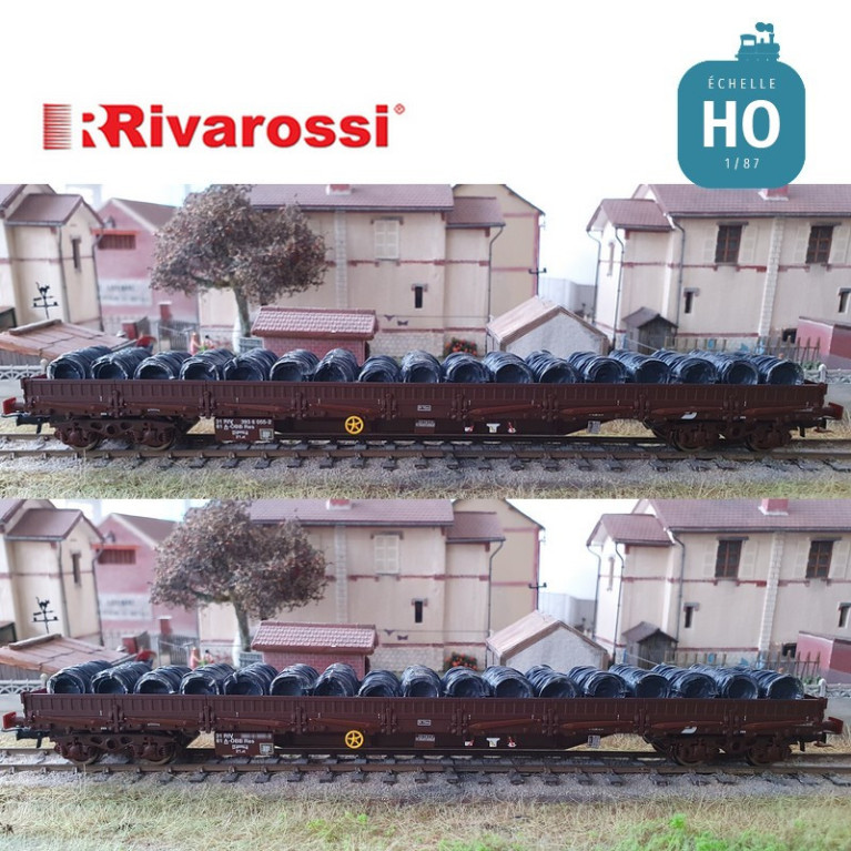 Coffret 2 wagons plats à bogies Res OBB chargement de bobines de fil Ep V-VI HO Rivarossi HR6484 - Maketis