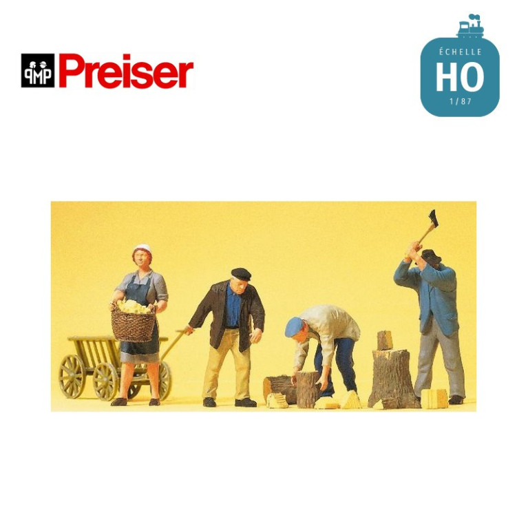 Ensemble de 4 figurines et accessoires thème " A la ferme " HO Preiser 10539 - Maketis