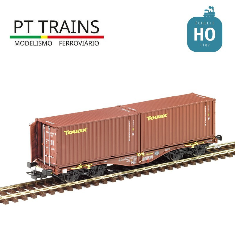 Wagon multimodal Sgmmnss 40' TOUAX n°019-0  + 2 containers 20' Ep VI HO PT TRAINS PT100202 - Maketis