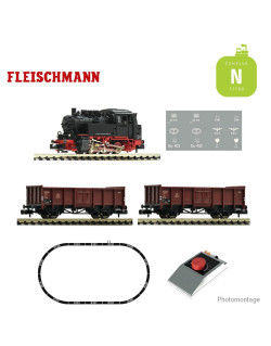 Coffret de départ Analogique Locomotive à vapeur BR 80 avec 2 wagons tombereaux DB Ep III N Fleischmann 5160002 - Maketis