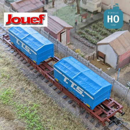 Wagon multimodal S70 avec 2 conteneurs porte-bobines 20' "T.T.S" SNCF Ep V HO Jouef HJ6259 - Maketis