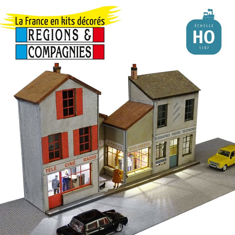 Fond de décor en relief 3 maisons avec Poste HO Régions et Compagnies FONZ03 - Maketis