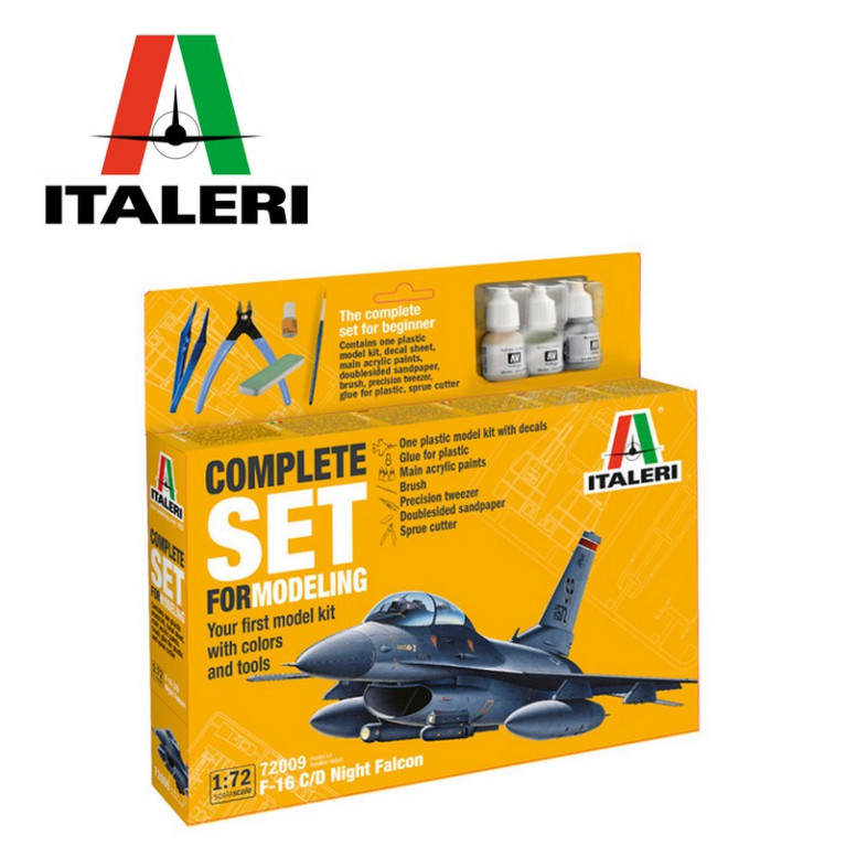 Set de démarrage complet (maquette + outils + peinture) avec avion de chasse F-16 C/D Night Falcon 1/72 Italeri 72009-Maketis Set de démarrage complet (maquette + outils + peinture) avec avion de chasse F-16 C/D Night Falcon 1/72 Italeri 72009-Maketis