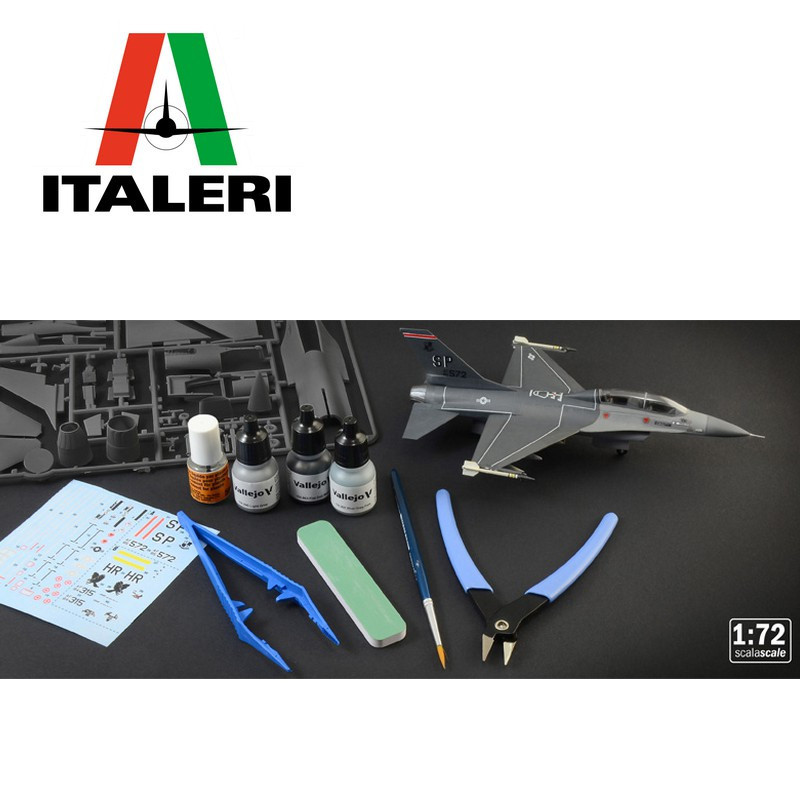 Set de démarrage complet (maquette + outils + peinture) avec avion de chasse F-16 C/D Night Falcon 1/72 Italeri 72009-Maketis