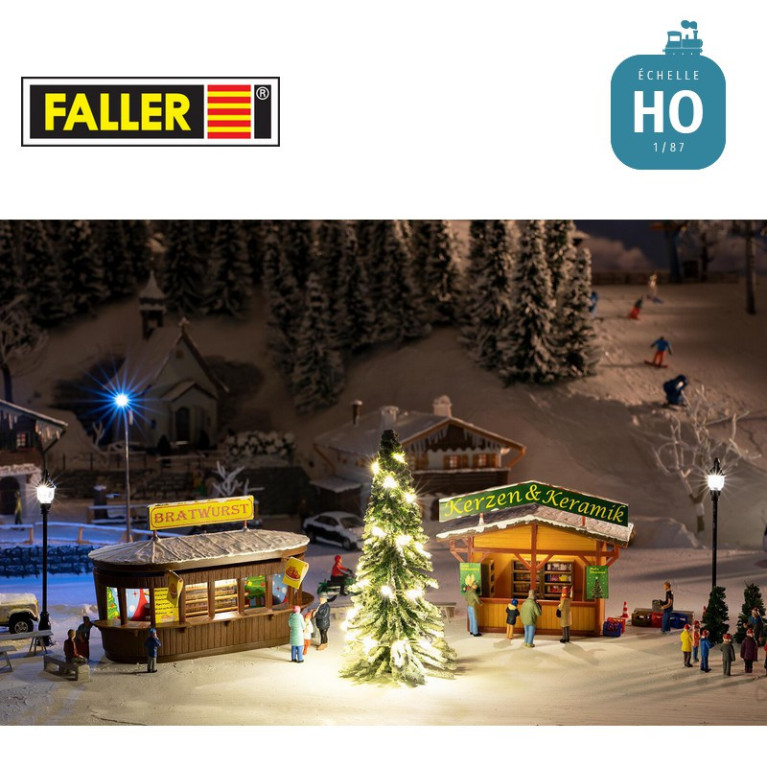 Coffret promotionnel 2 Stands de marché de Noël avec sapin illuminé HO Faller 134002 - Maketis