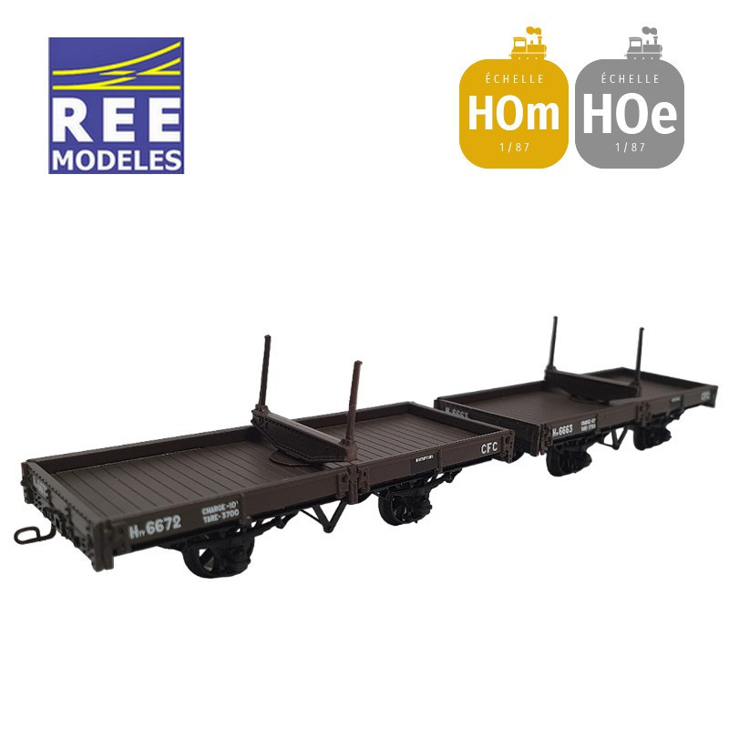 Coffret 2 wagons plats Porte-Grumes, freinés brun CFC HOm/HOe REE VM-037-Maketis