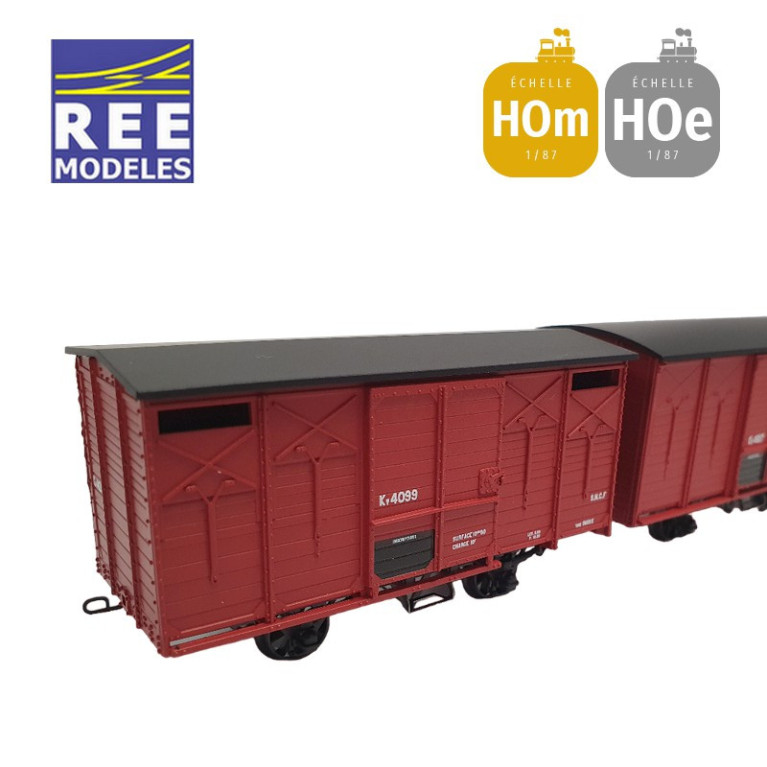 Coffret 2 wagons couverts freinés toit rond et en pentes rouge UIC SNCF HOm/HOe REE VM-029-Maketis