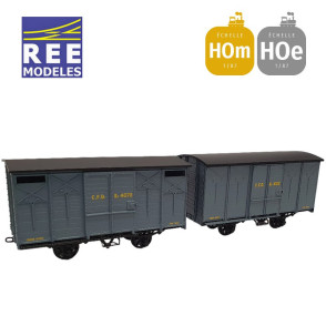 Coffret 2 wagons couverts non freiné et freiné, toit rond et en pentes gris foncé HOm/HOe REE VM-028-Maketis