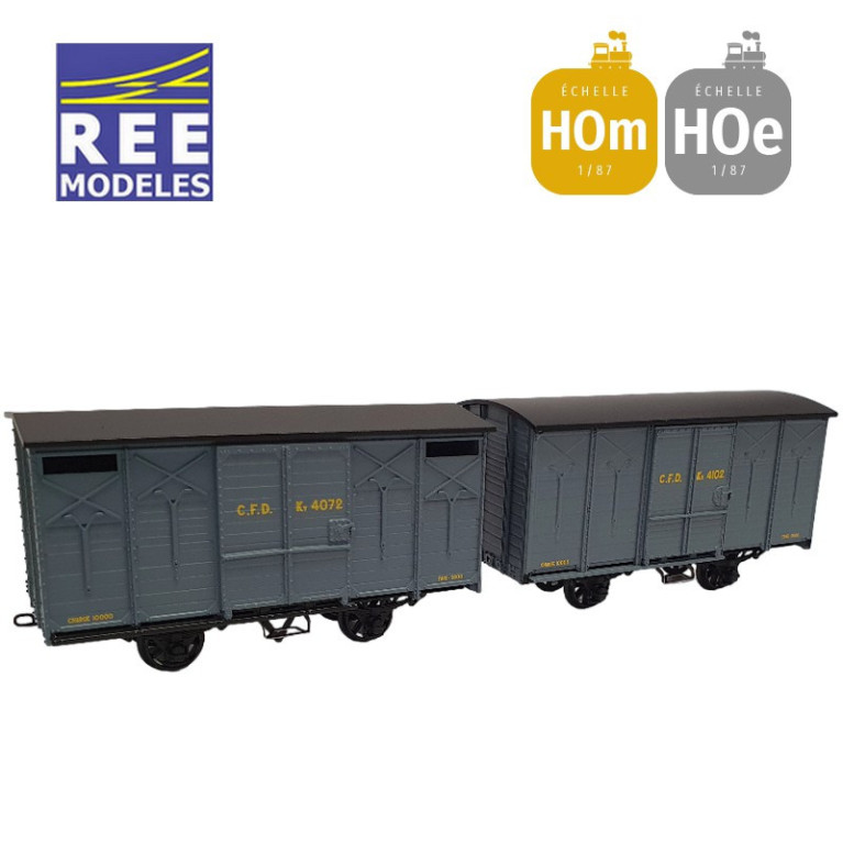 Coffret 2 wagons couverts non freiné et freiné, toit rond et en pentes gris foncé HOm/HOe REE VM-028-Maketis Coffret 2 wagons couverts non freiné et freiné, toit rond et en pentes gris foncé HOm/HOe REE VM-028-Maketis