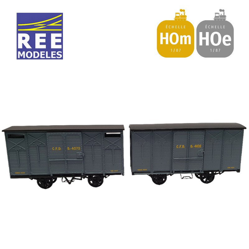 Coffret 2 wagons couverts non freiné et freiné, toit rond et en pentes gris foncé HOm/HOe REE VM-028-Maketis