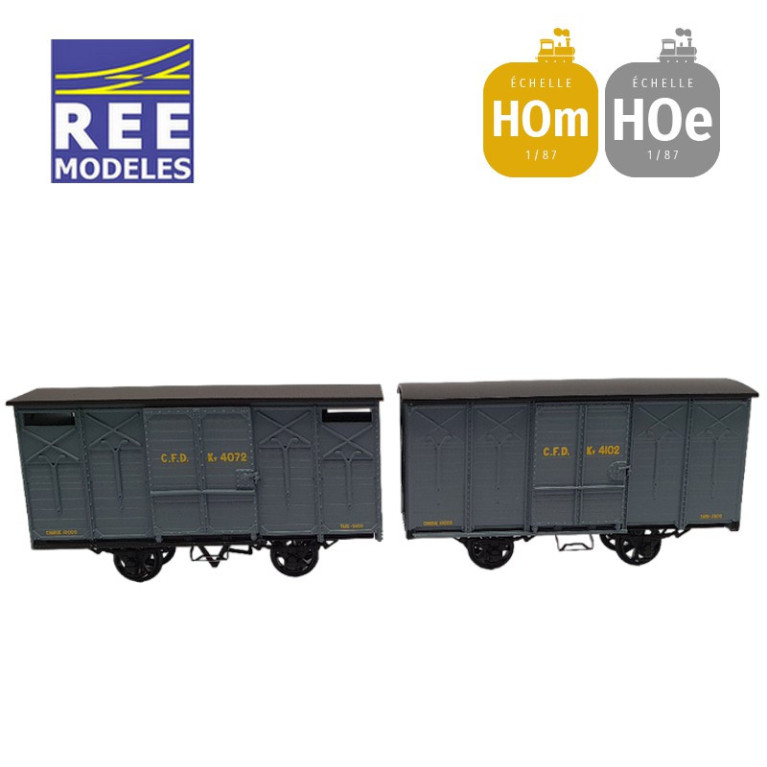 Coffret 2 wagons couverts non freiné et freiné, toit rond et en pentes gris foncé HOm/HOe REE VM-028-Maketis Coffret 2 wagons couverts non freiné et freiné, toit rond et en pentes gris foncé HOm/HOe REE VM-028-Maketis