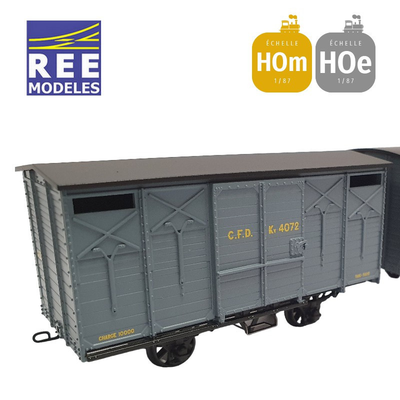 Coffret 2 wagons couverts non freiné et freiné, toit rond et en pentes gris foncé HOm/HOe REE VM-028-Maketis