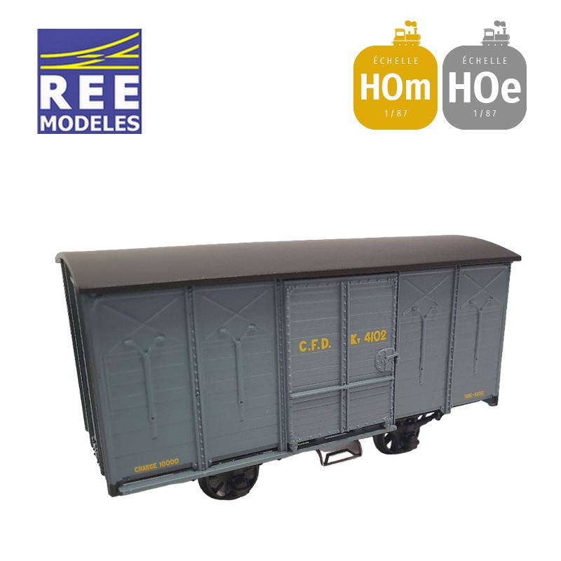 Coffret 2 wagons couverts non freiné et freiné, toit rond et en pentes gris foncé HOm/HOe REE VM-028-Maketis