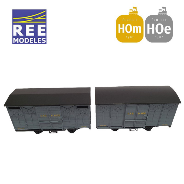Coffret 2 wagons couverts non freiné et freiné, toit rond et en pentes gris foncé HOm/HOe REE VM-028-Maketis Coffret 2 wagons couverts non freiné et freiné, toit rond et en pentes gris foncé HOm/HOe REE VM-028-Maketis