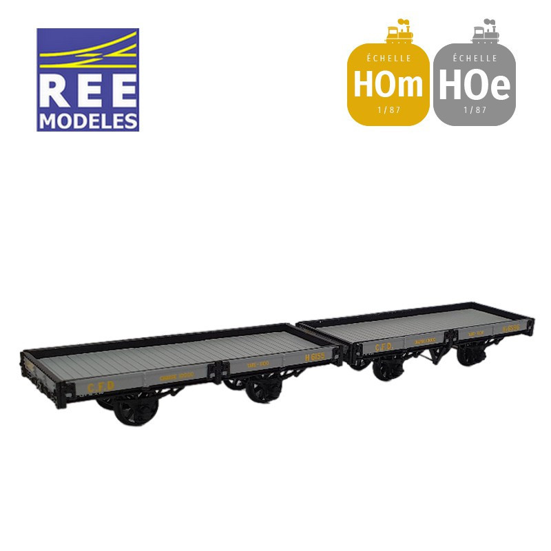 Coffret 2 wagons plats freiné et non freiné gris et ferrures noires HOm/HOe REE VM-038-Maketis