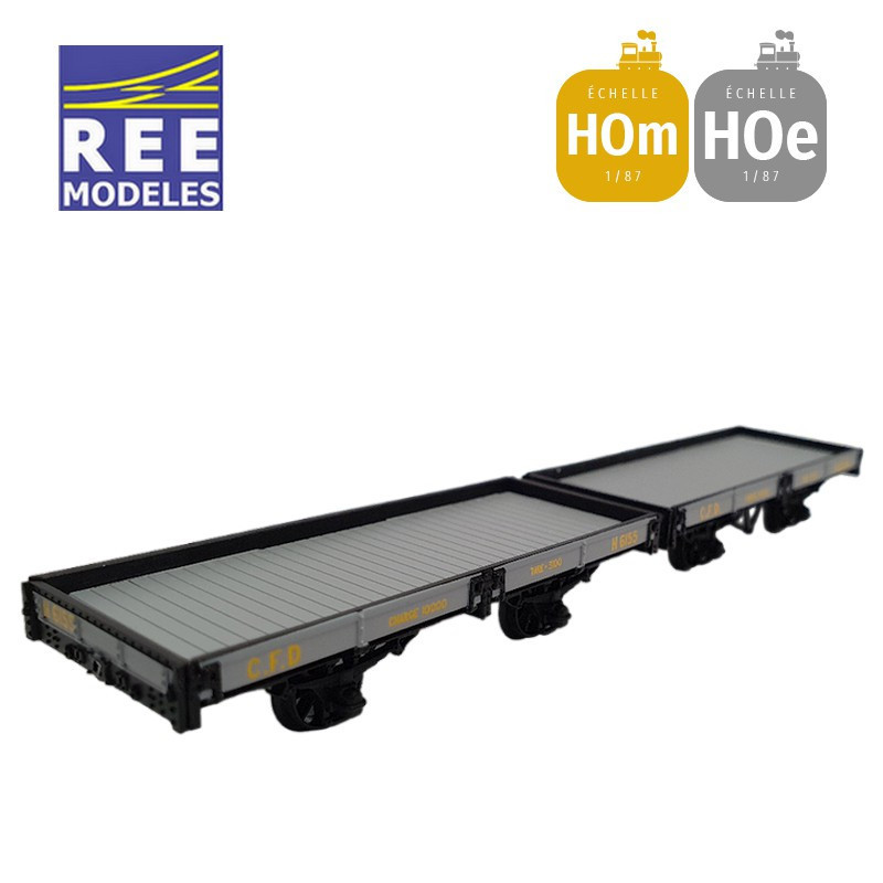 Coffret 2 wagons plats freiné et non freiné gris et ferrures noires HOm/HOe REE VM-038-Maketis