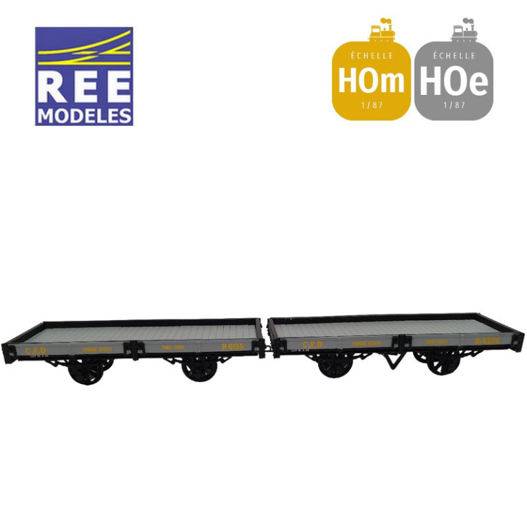 Coffret 2 wagons plats freiné et non freiné gris et ferrures noires HOm/HOe REE VM-038-Maketis